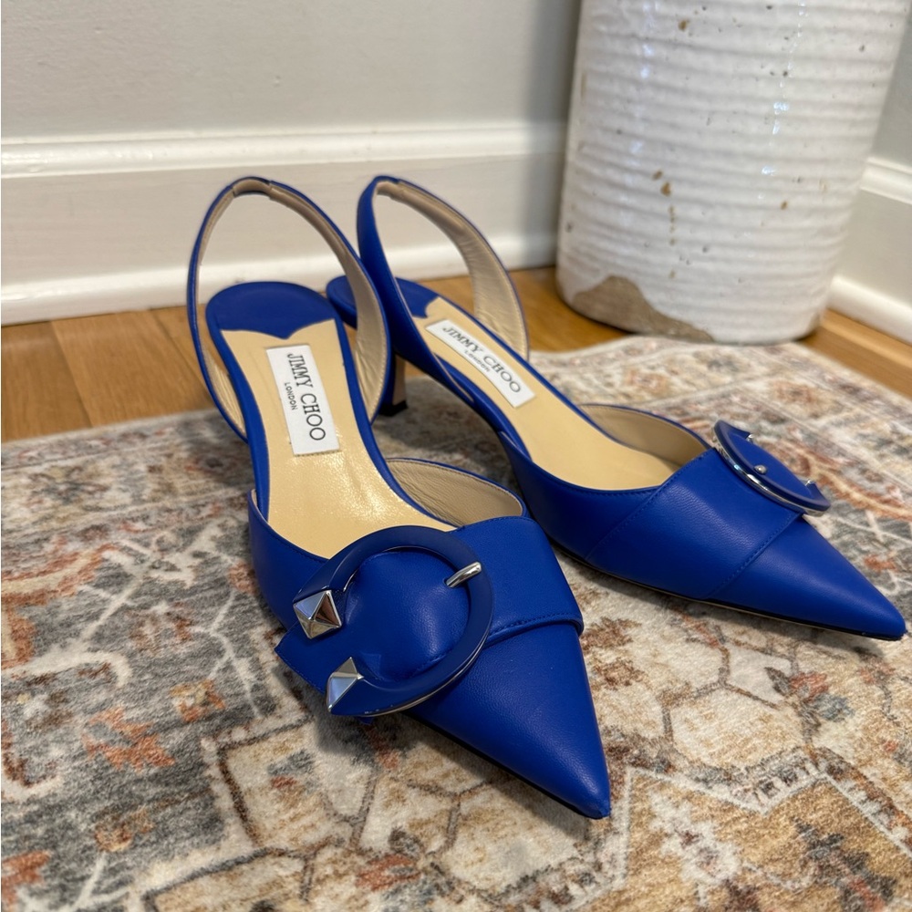 Jimmy Choo Cobalt Blue Pointed Toe Slingback Heels with Buckle sz 40